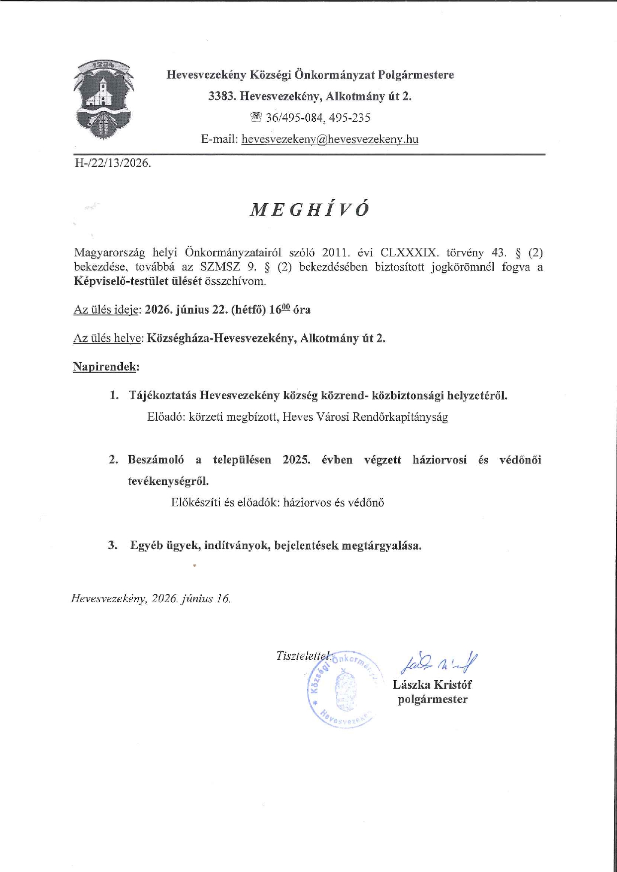 Meghívó 2026.06.22.Képviselő-testületi ülésre